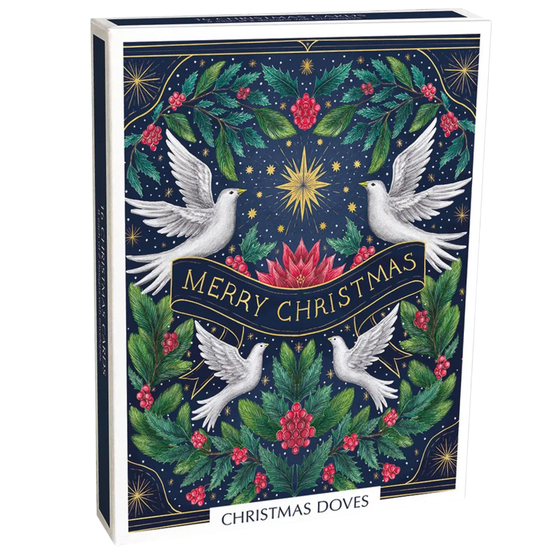 Christmas doves greeting card set by Christmas Doves, featuring an illustrated navy blue background with white doves, green holly leaves, red berries, gold stars, and a central gold sunburst. A dark blue banner across the middle reads 'MERRY CHRISTMAS'.