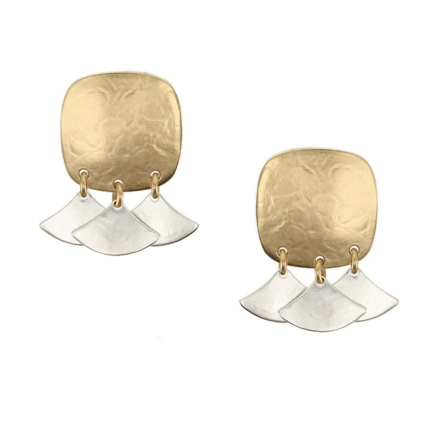 Brass Square and Silver Sail Clip-On Earrings