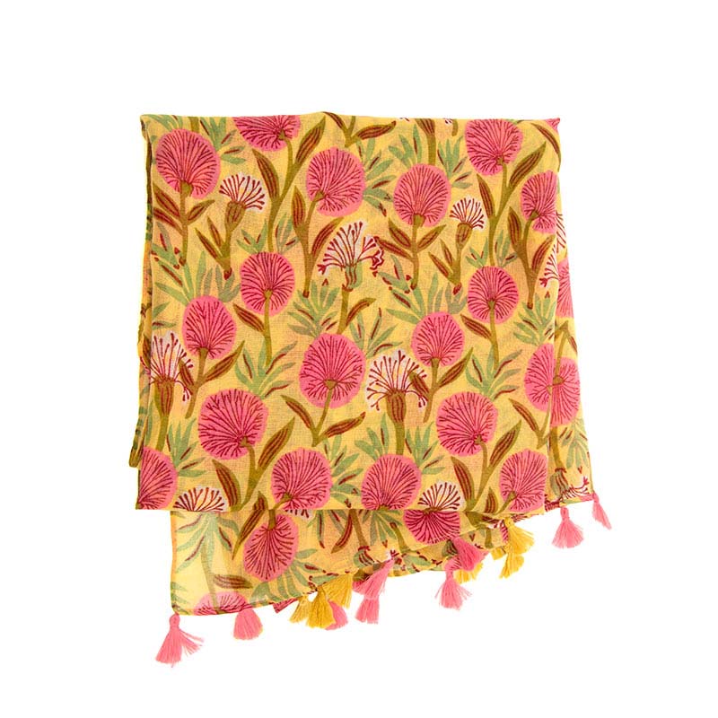 Golden Field of Pink Flowers Tassel Scarf