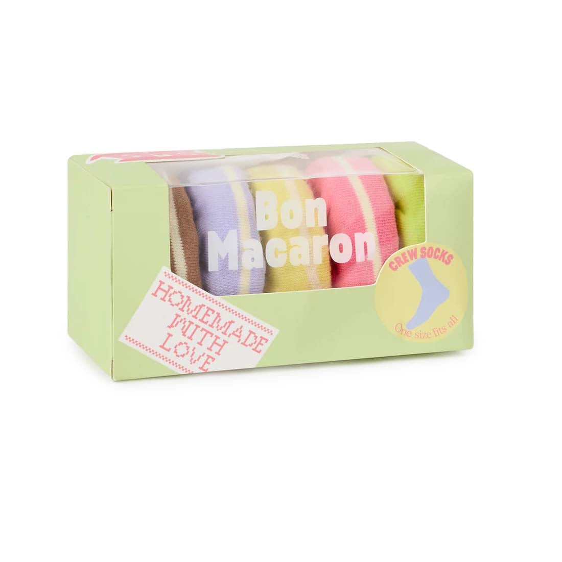 A box of colorful macaron socks with the text 'Bon Macaron' on the packaging.