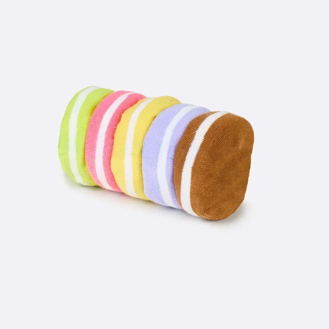 A box of colorful macaron socks with the text 'Bon Macaron' on the packaging.