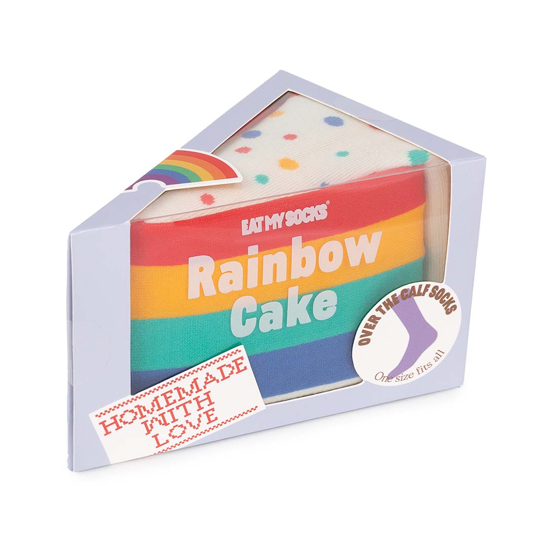 A packaged pair of over the calf socks designed to look like a rainbow cake, with various colored layers and decorative dots, in a box labeled 'Rainbow Cake Socks'.