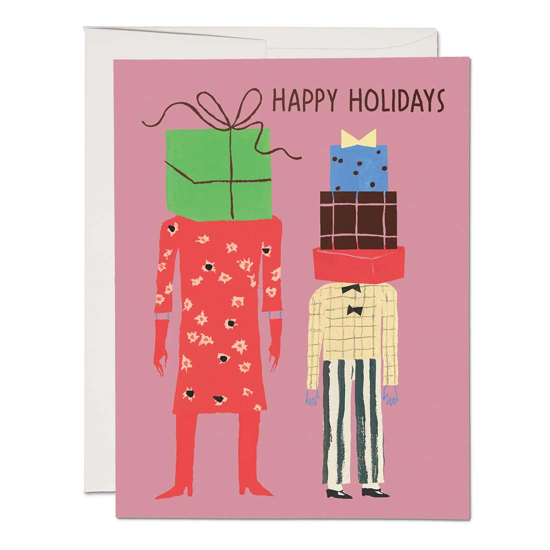 Greeting card with two people carrying presents and 'Happy Holidays' text on a pink background