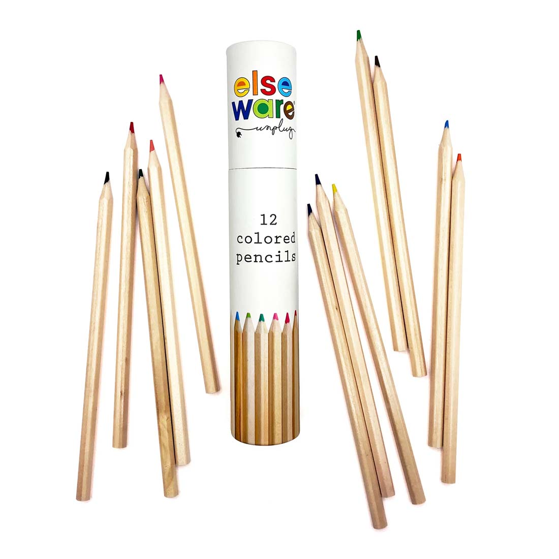 Set of colored pencils with a cylindrical packaging labeled 'else ware' on a white background