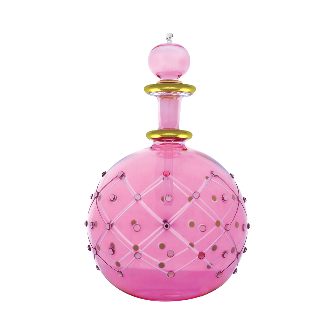 Pink decorative bottle with gold accents on a white background