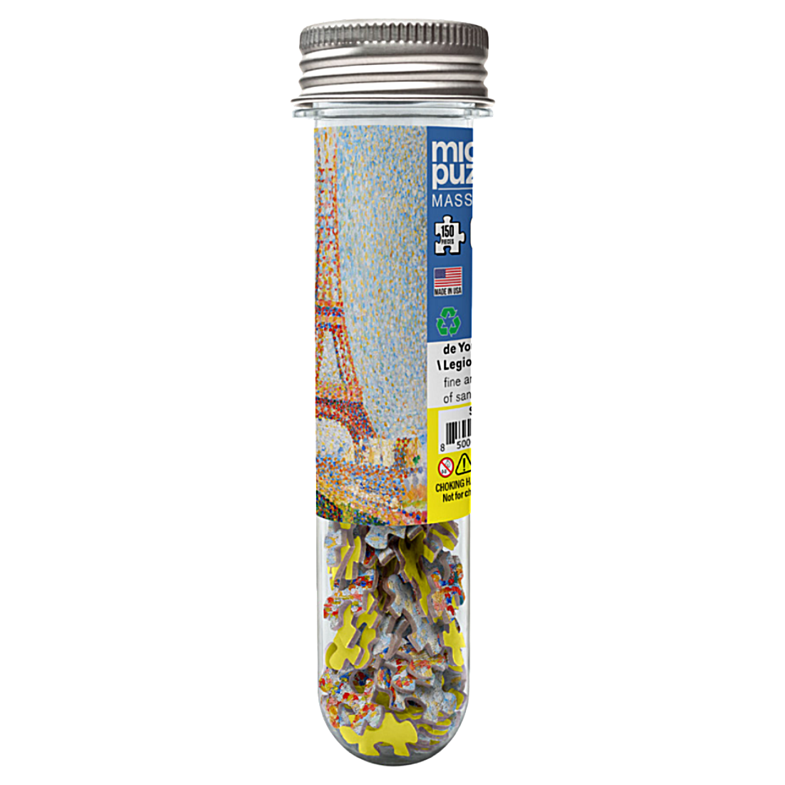 A clear plastic tube with a silver metal screw cap containing small multicolored jigsaw puzzle pieces.