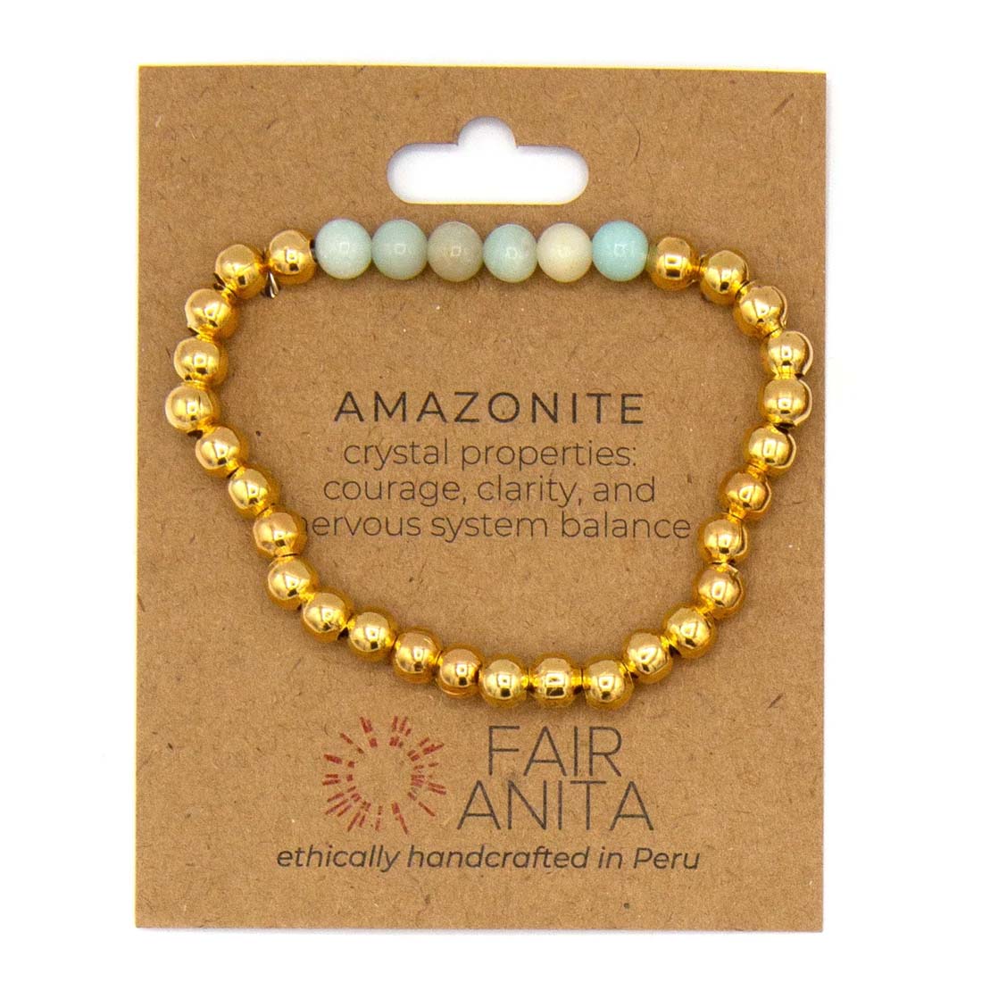 Gold and Amazonite beaded bracelet on a Fair Anita packaging with crystal properties text.