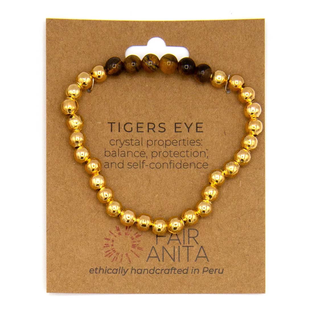 Tigers eye beaded bracelet on a Fair Anita branded card with crystal properties text.