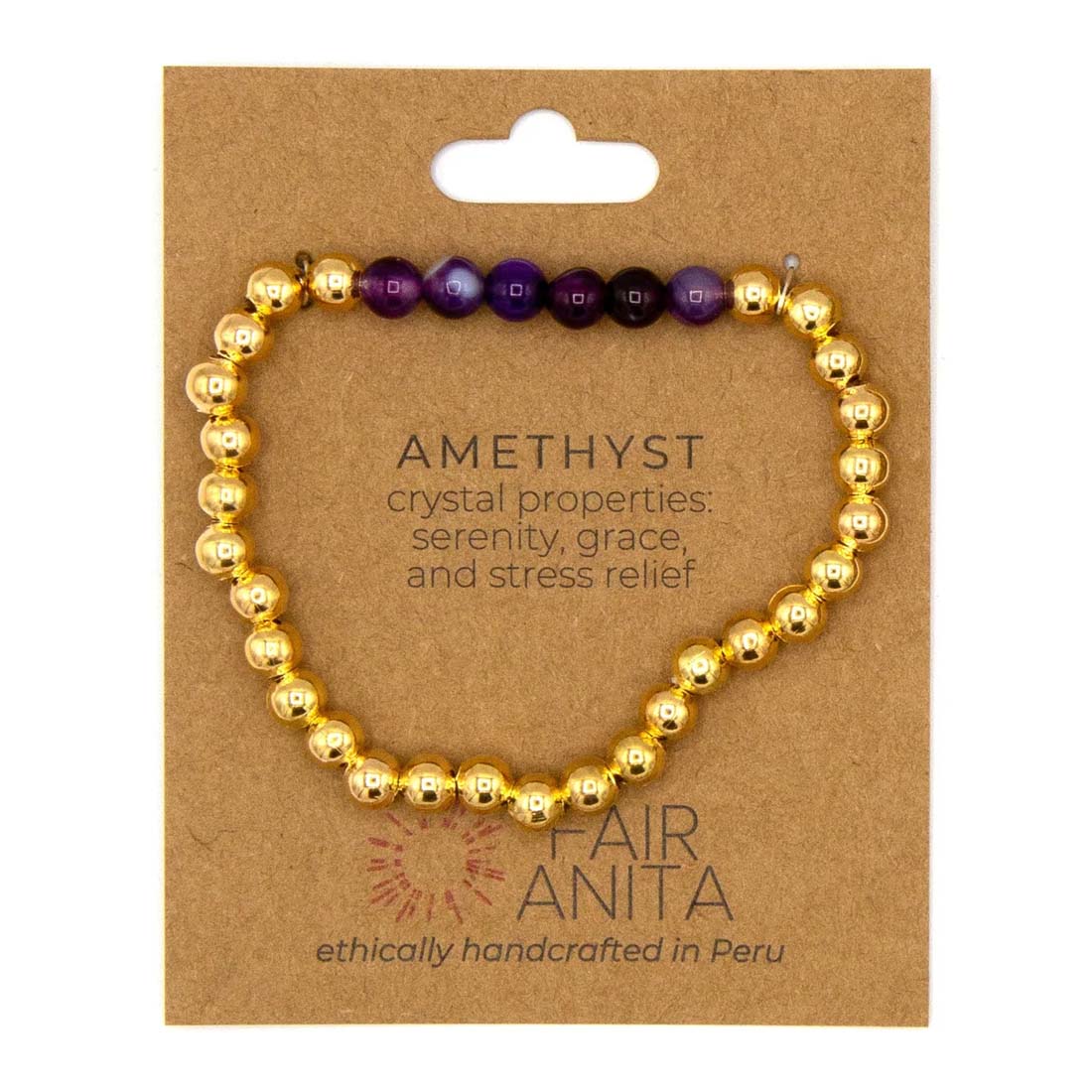 Gold beaded bracelet on a Fair Anita branded card with crystal properties text.
