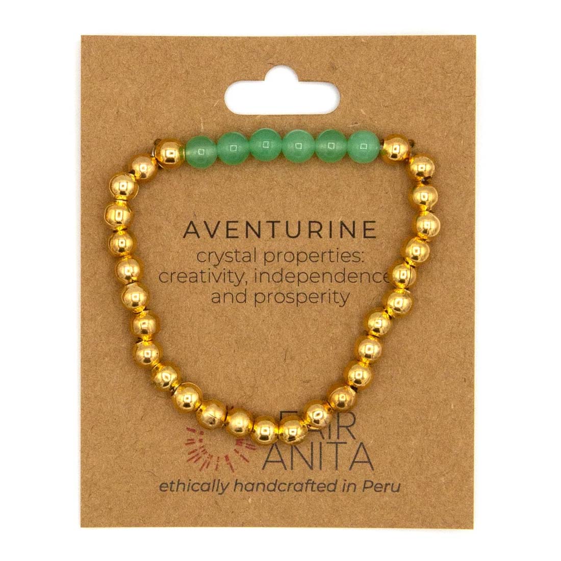 Gold and green beaded bracelet on a brown card with 'Far & Anita' branding