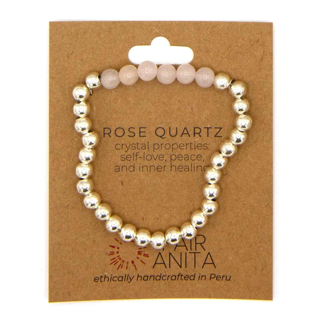 Rose quartz crystal bracelet on a branded card with Air Anita logo