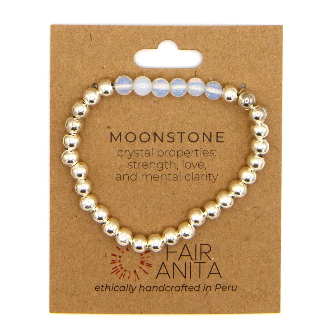 Moonstone bracelet on a Fair Anita branded card with crystal properties text.