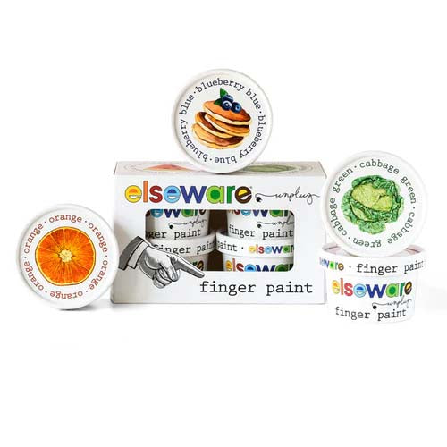 Set of elseware finger paint containers with colorful labels on a white background