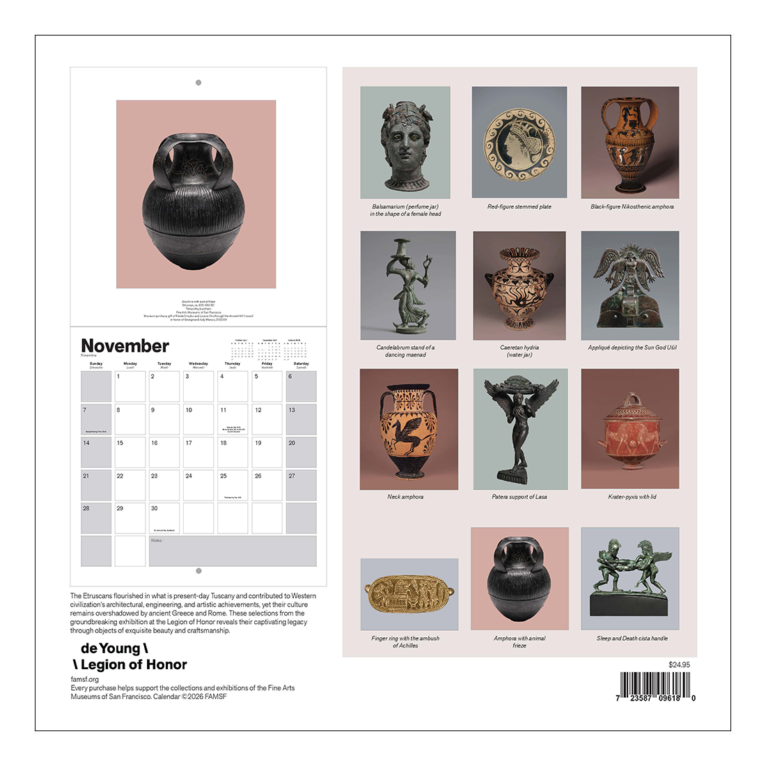Calendar page for November with classical artifacts and a barcode on a white background