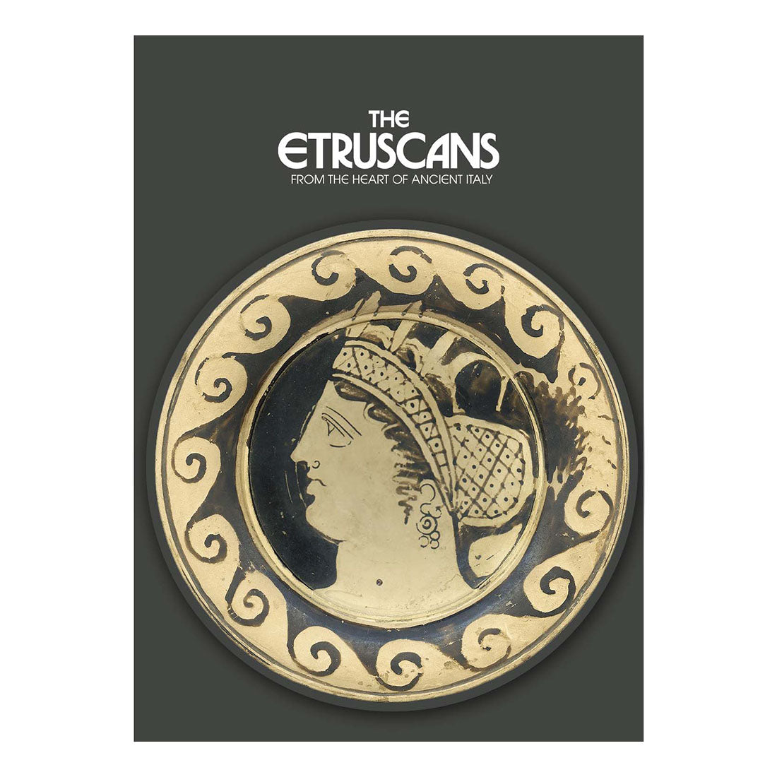 Book cover featuring an ancient Etruscan design with a profile of a person and decorative elements on a dark background.