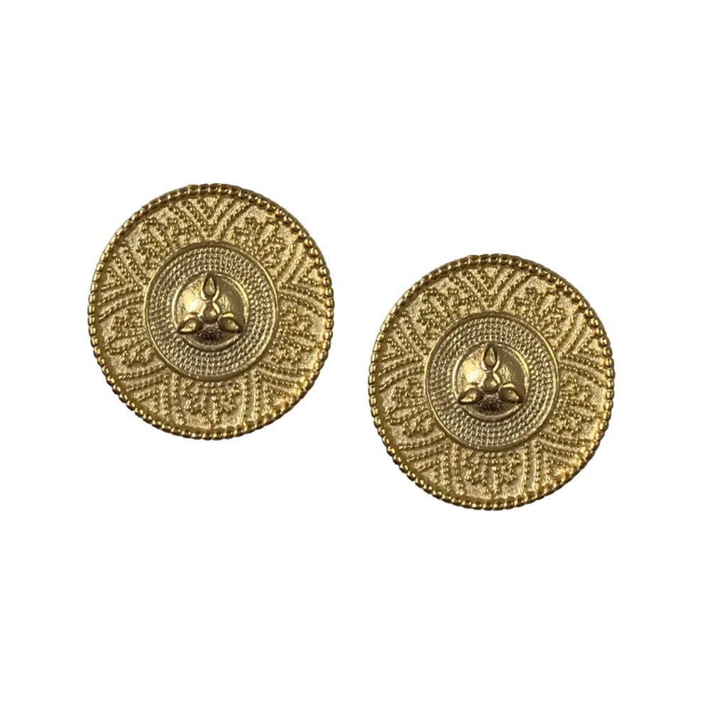 Pair of gold circular earrings with intricate designs on a white background