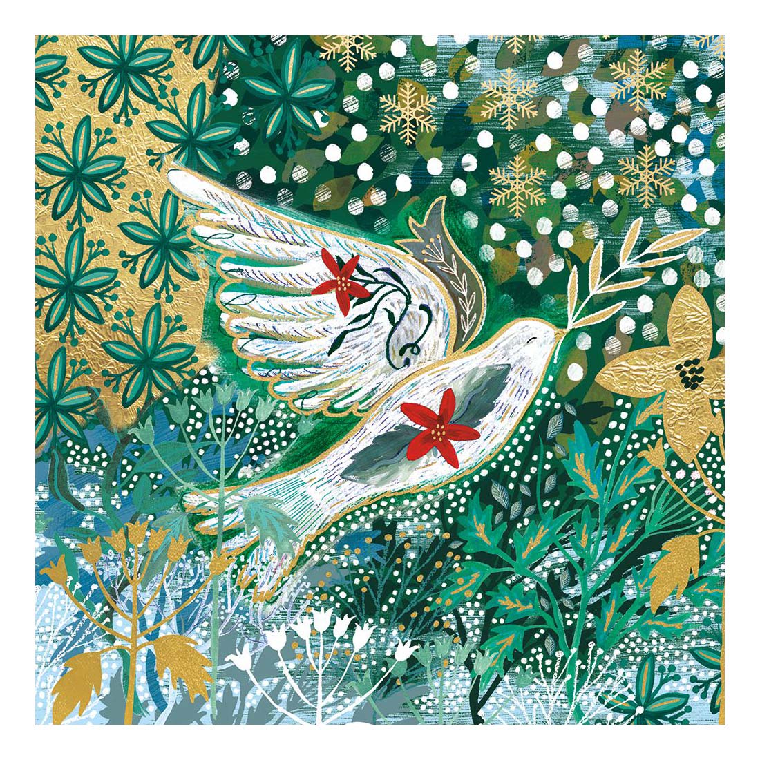 Colorful illustration of a bird with floral elements on a patterned background