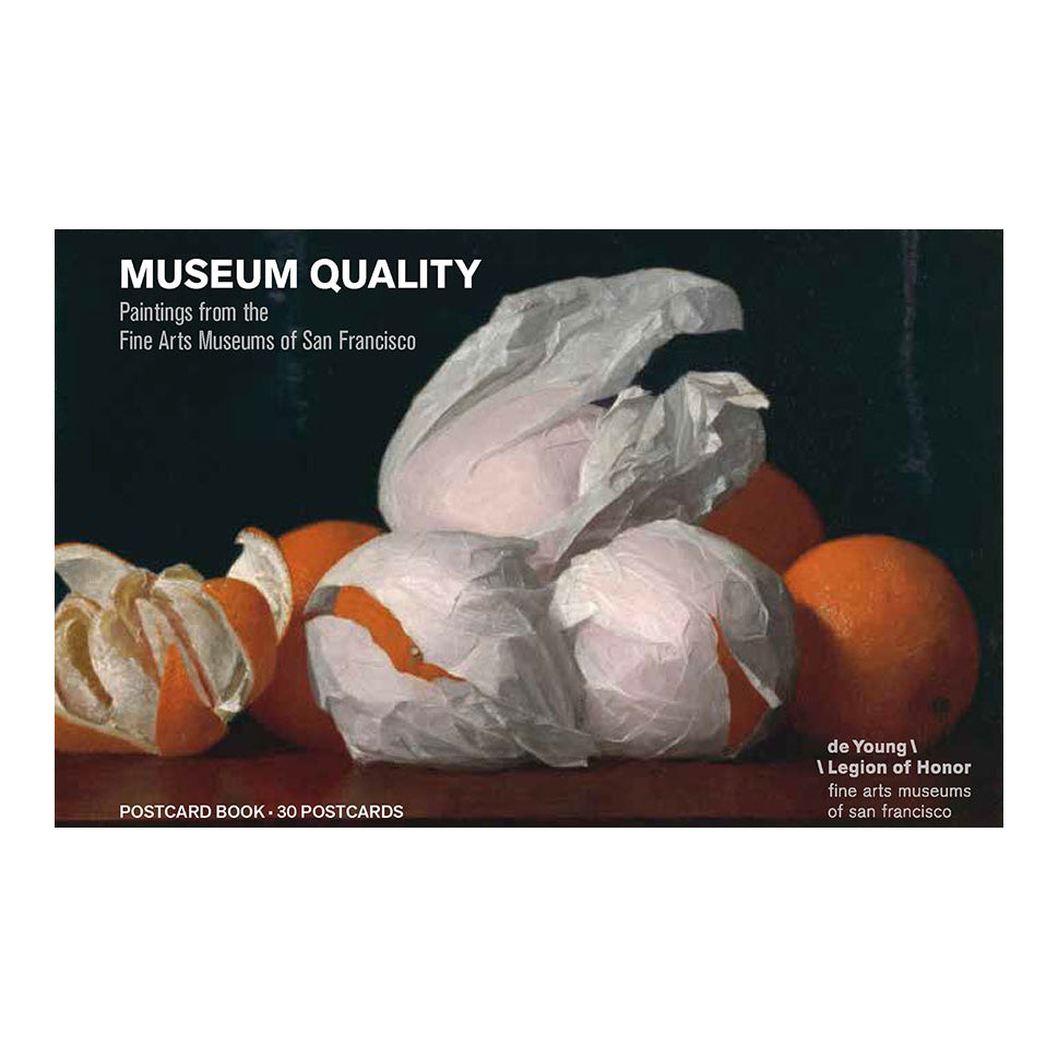 A cover image of a postcard book titled 'Museum Quality: Paintings from the Fine Arts Museums of San Francisco' featuring color reproductions of paintings with fruits and a bird.