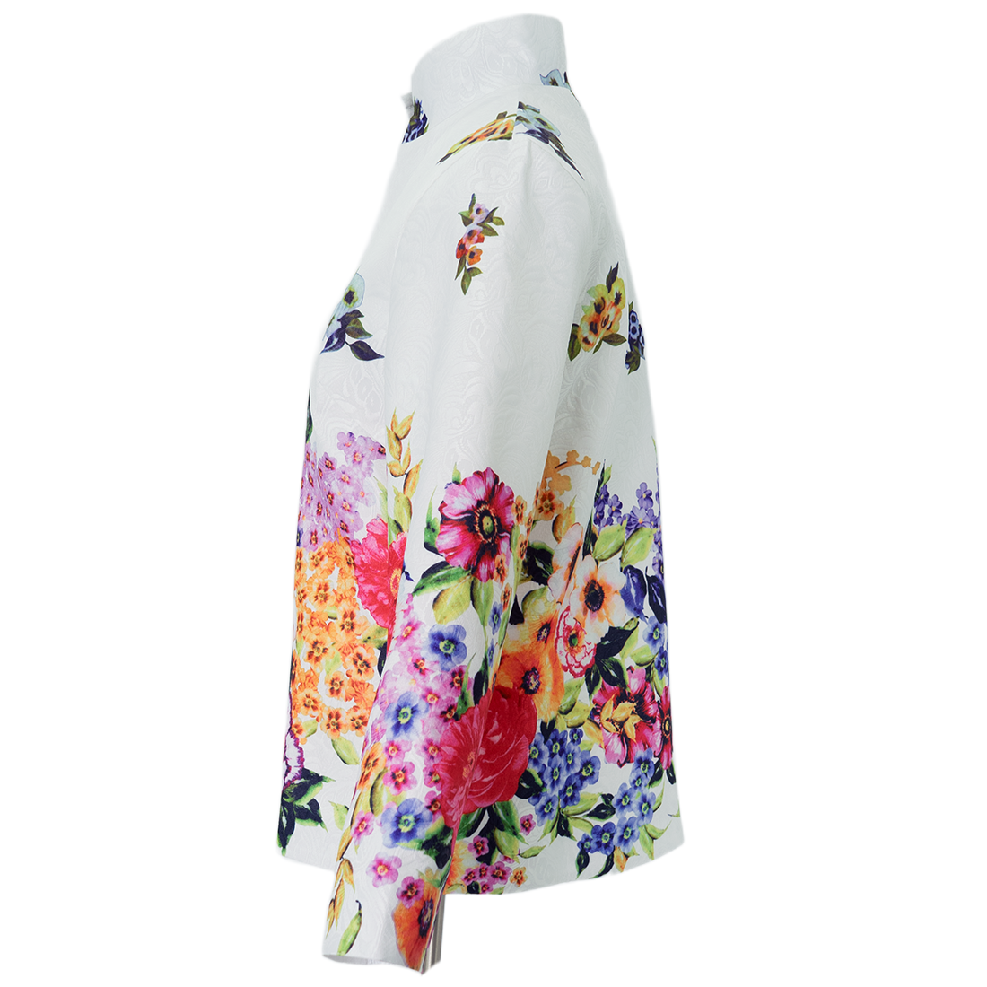 Colorful floral patterned coat side view