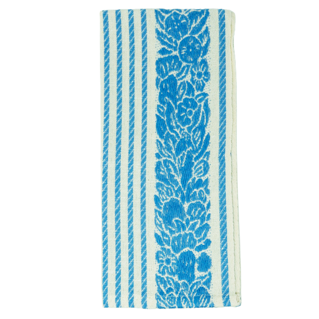 Blue and white striped floral tea towel