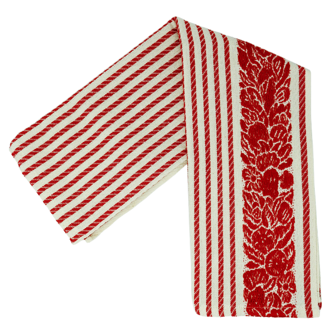 Red and white striped towel with floral pattern 