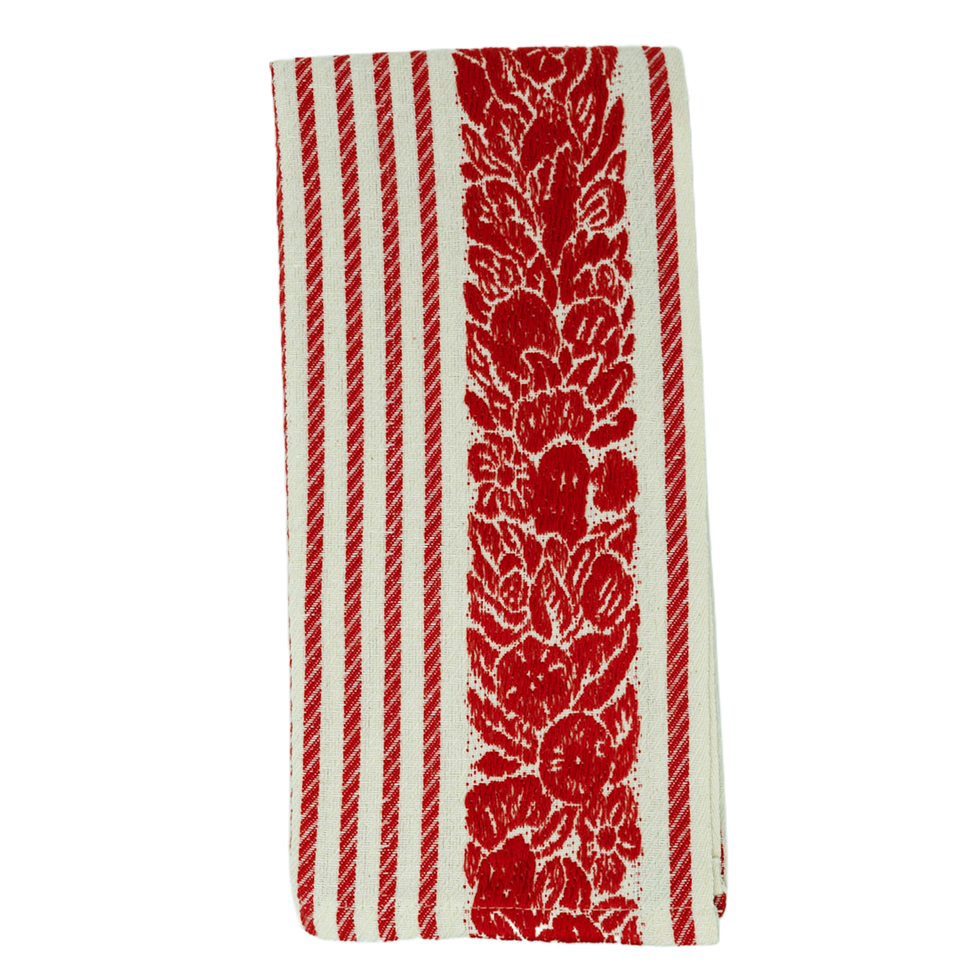 Red and white striped towel with floral pattern 