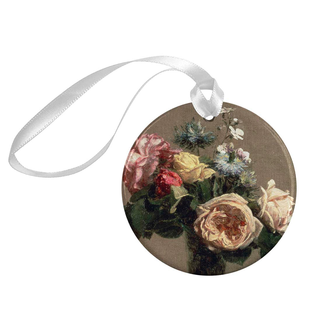 A round ceramic ornament with a printed floral arrangement from Henri Latour's painting 'Flowers in a Vase, 1880', featuring a variety of colorful flowers, attached with a white ribbon.