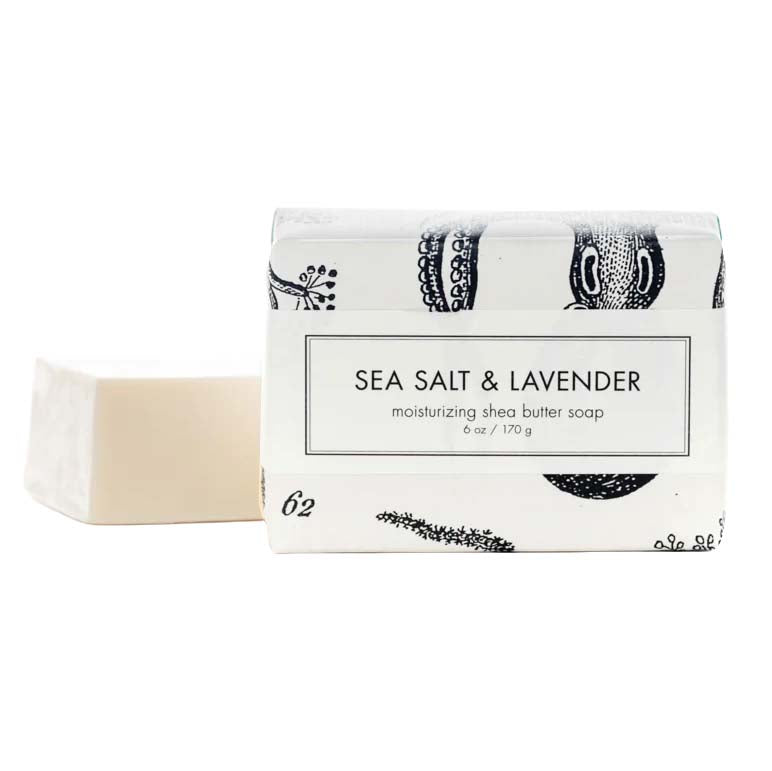 Bar of soap with a decorative box labeled 'Sea Salt & Lavender' on a white background