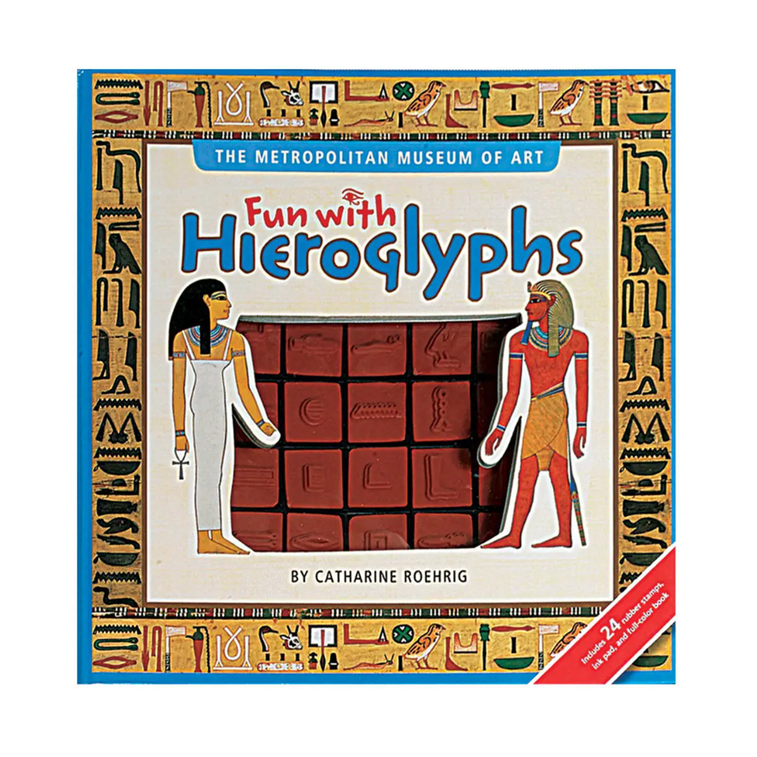 Box cover of 'Fun with Hieroglyphs' by Catharine Roehrig featuring Egyptian-themed illustrations and hieroglyphics.