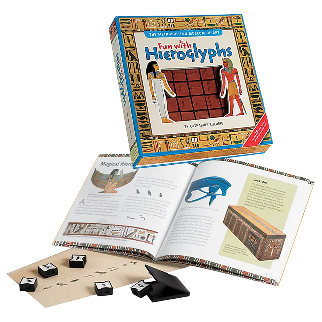 Box cover of 'Fun with Hieroglyphs' by Catharine Roehrig featuring Egyptian-themed illustrations and hieroglyphics.