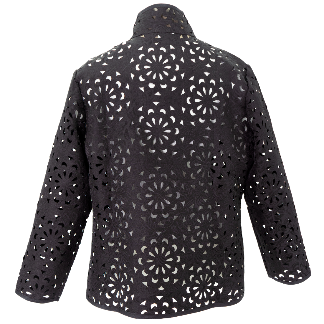 Black jacket with geometric laser cut pattern 