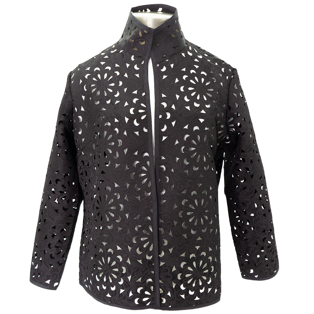 Black jacket with geometric laser cut pattern 