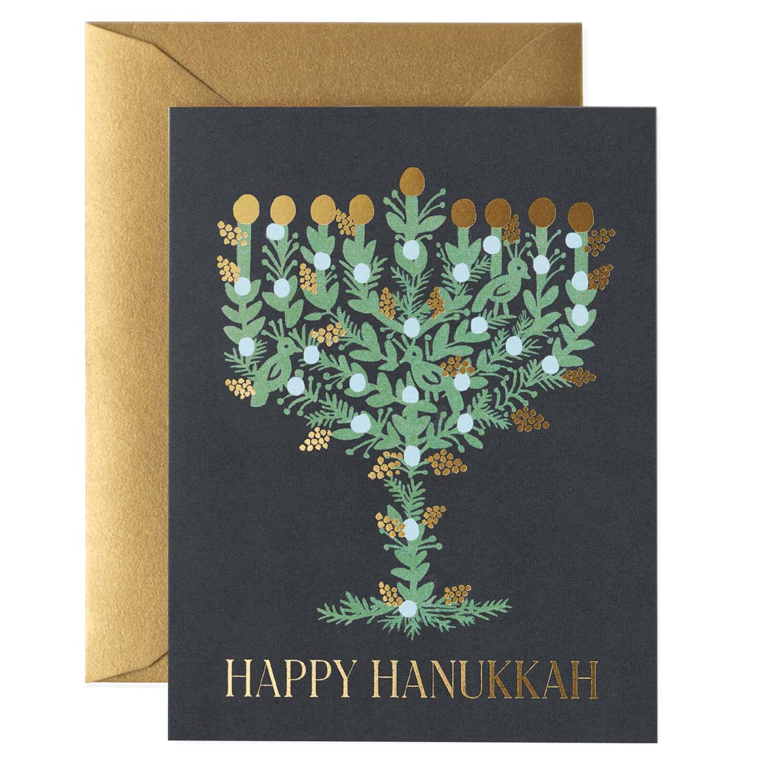Greeting card with floral menorah design and 'Happy Hanukkah' text on a dark background.