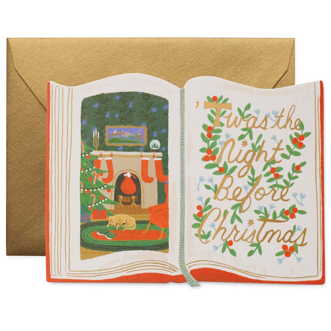 Open book-style Christmas card with a fireplace scene and 'Twas the Night Before Christmas' text.