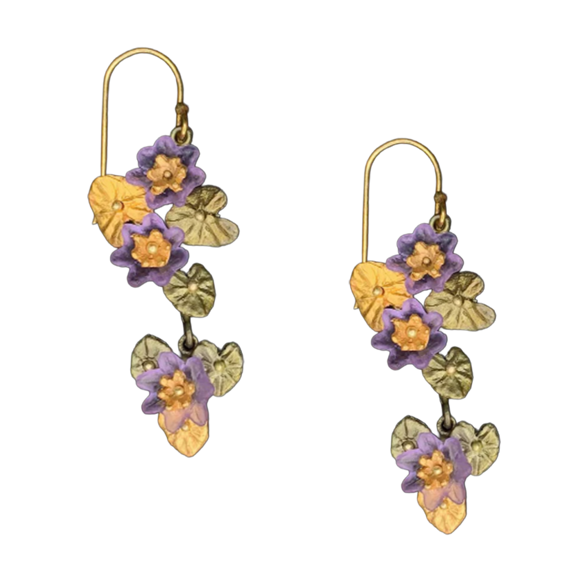 Floral earrings with purple, yellow, and green flowers on a white background