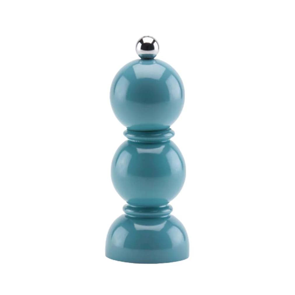 Blue ceramic pepper grinder with silver top on a white background