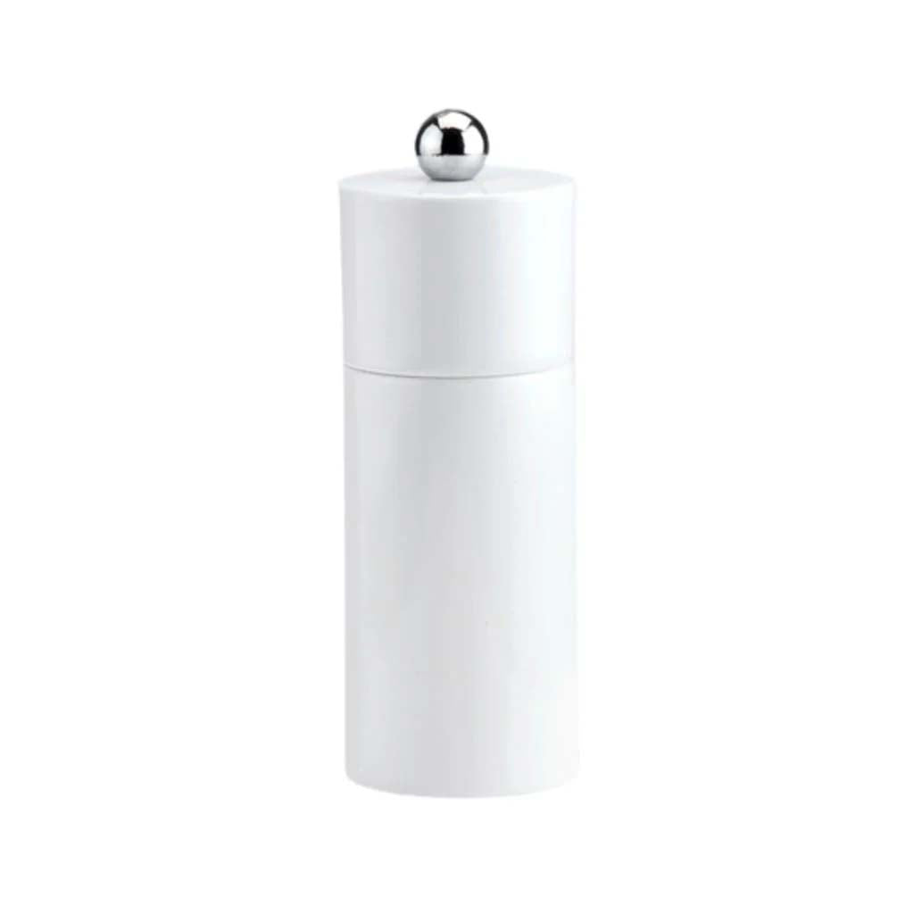 White cylindrical container with a silver lid on a white background