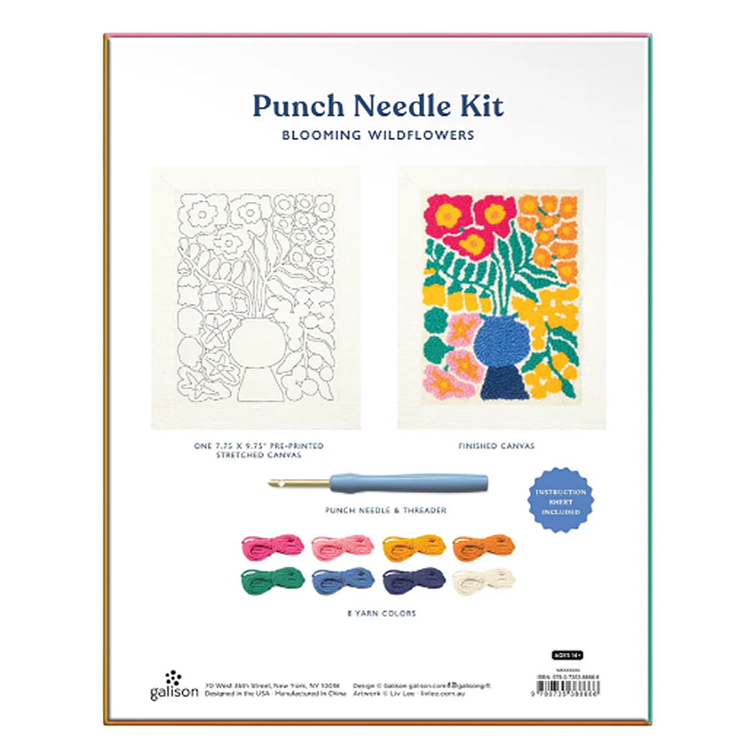 Punch needle kit packaging with floral designs and tools on a white background