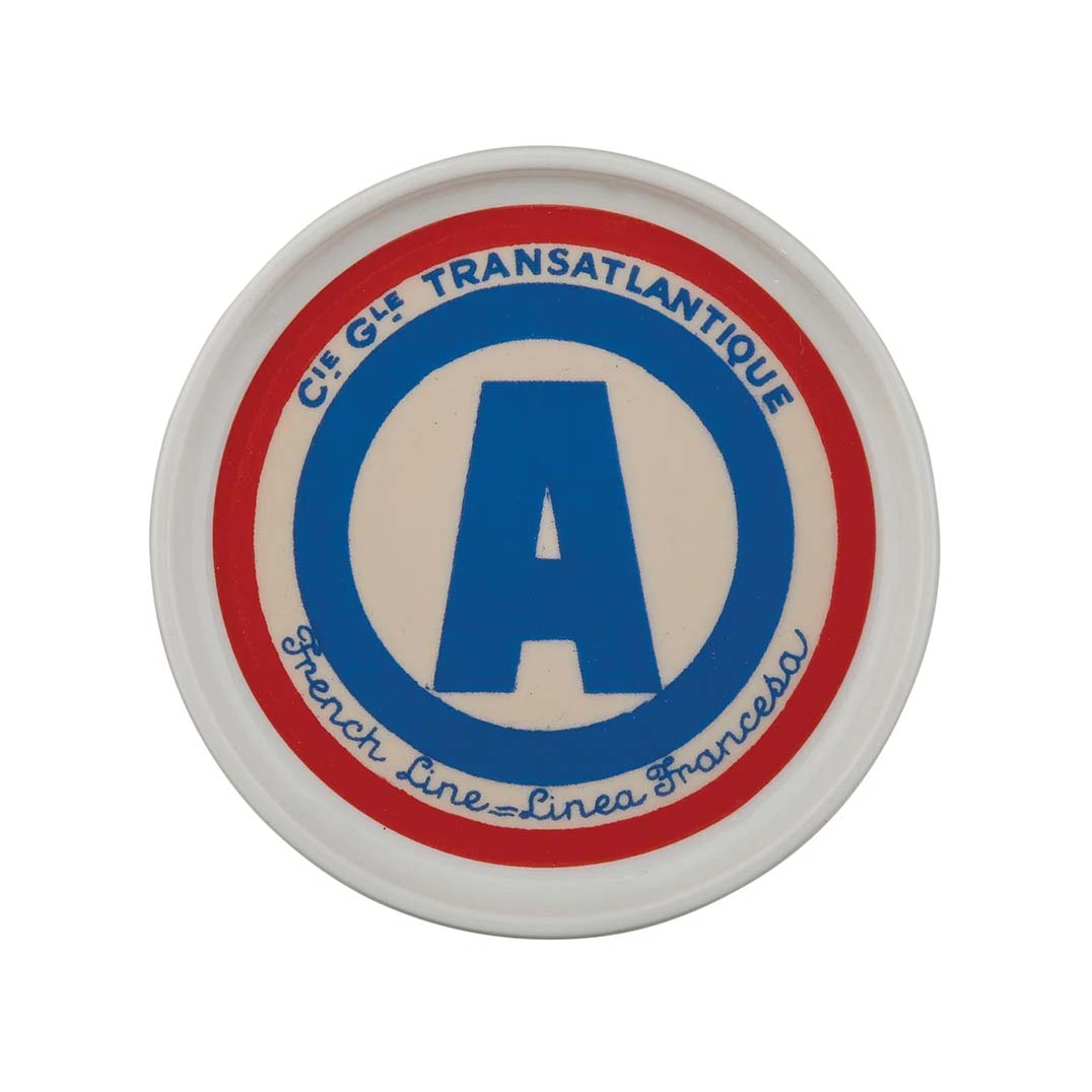 Circular logo with a blue 'A' in the center, surrounded by red and white text on a white background