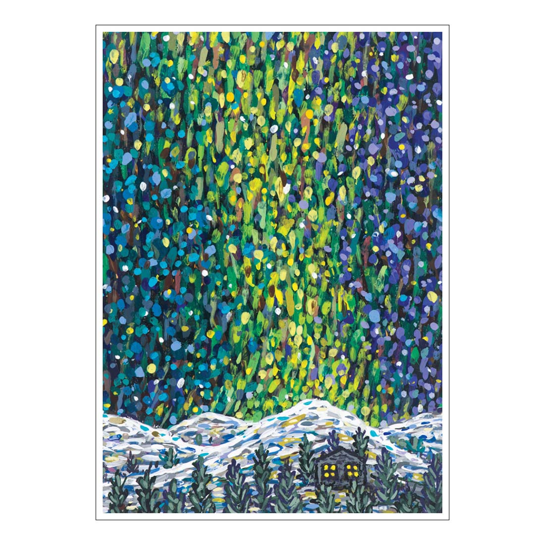 A holiday-themed boxed card set featuring a colorful artistic depiction of snow-covered landscapes and a night sky.