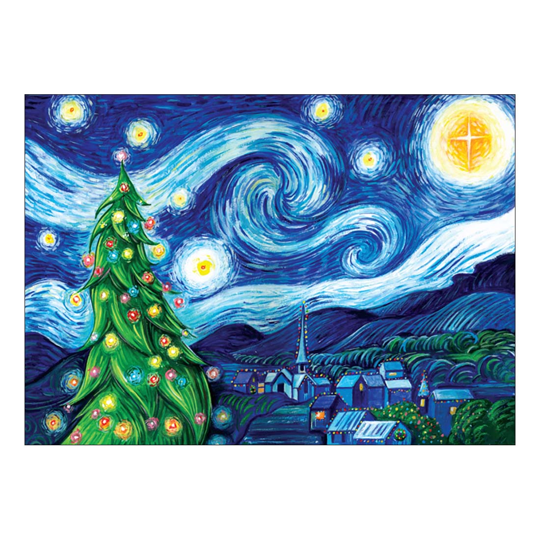 A holiday card featuring a Christmas tree with lights against a starry night sky with artistic flair, depicting a village in the distance.