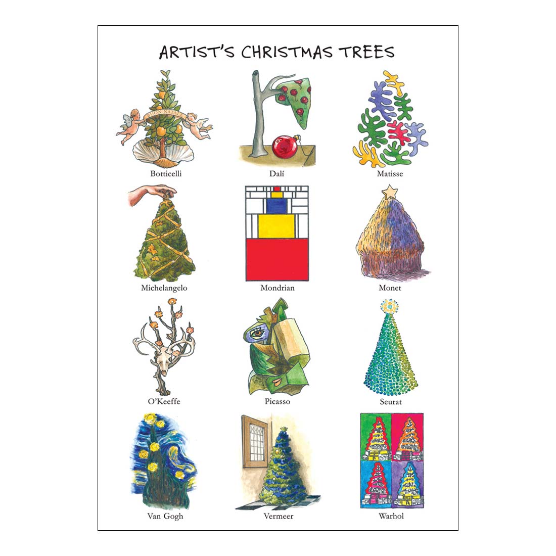 A set of artist-designed Christmas cards featuring various artistic interpretations of Christmas trees.