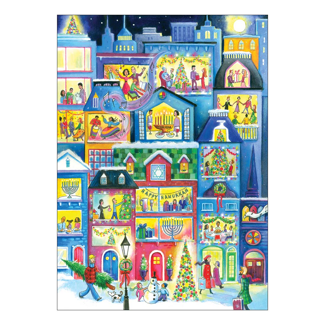 A colorful holiday card featuring a vibrant illustration of a Christmas scene with people, houses, and a festive atmosphere, with artwork by Elizabeth Westley & Steven Mach.