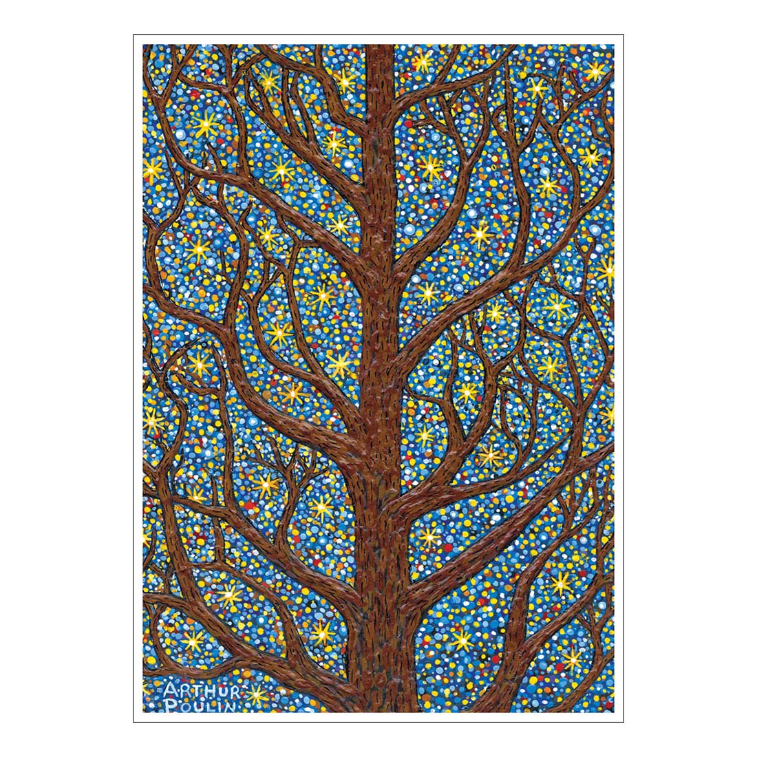 Tree artwork with colorful flowers on a blue background, signed by Arthur Poole.