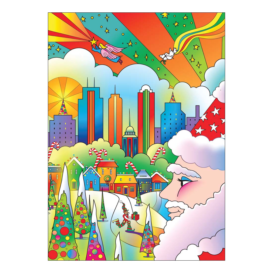 Colorful illustration of a cityscape with a face on the right side, featuring buildings, trees, and abstract elements.