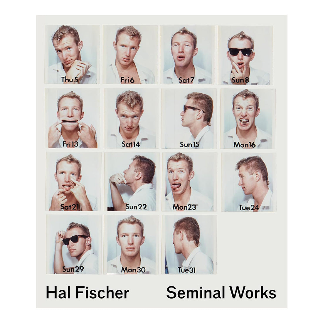 Grid of a person in different poses with dates labeled, featuring Hal Fischer and Seminal Works branding.