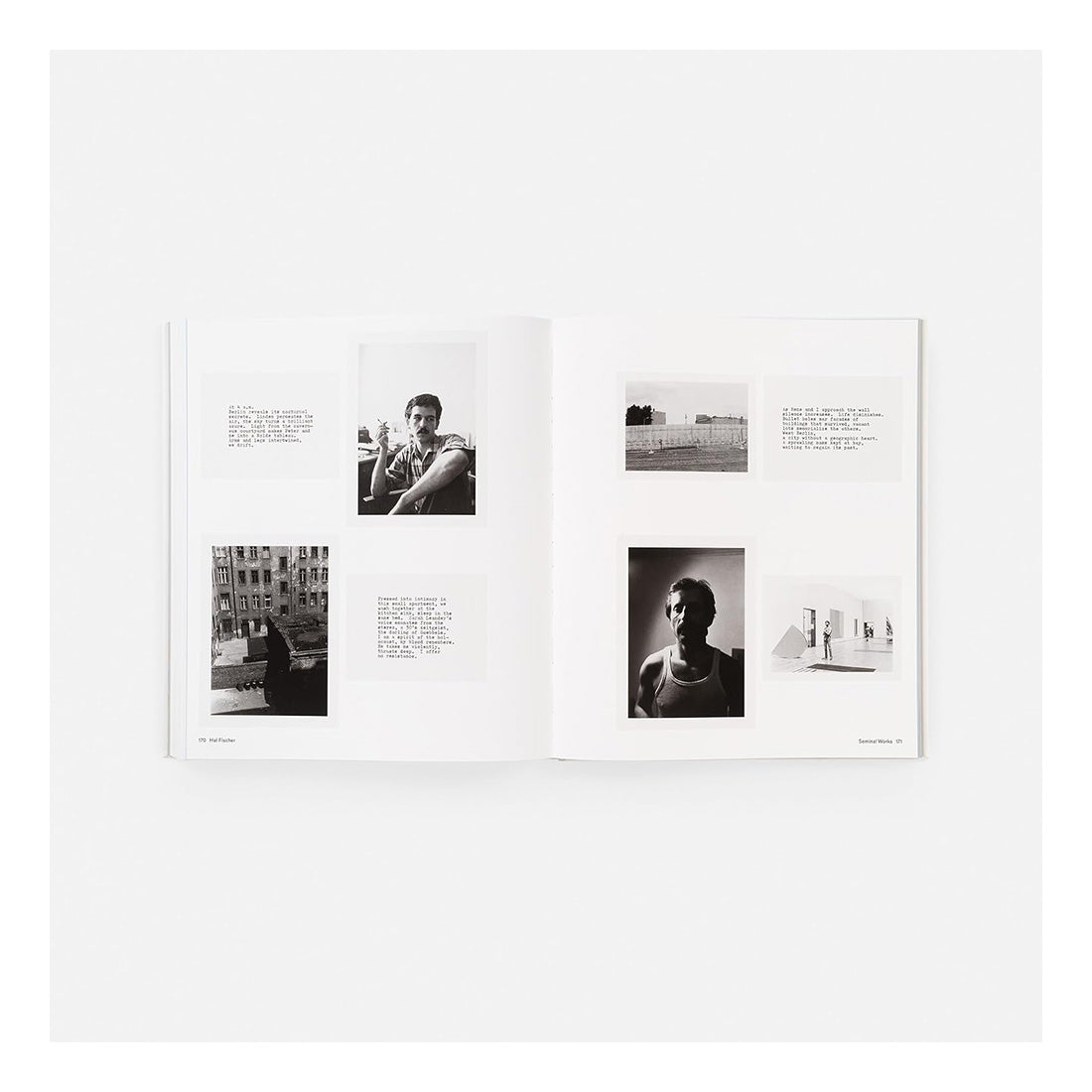 Grid of a person in different poses with dates labeled, featuring Hal Fischer and Seminal Works branding.