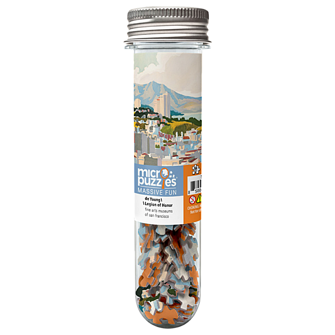 A clear cylindrical tube with a silver metal screw cap, containing multicolor jigsaw puzzle pieces. 