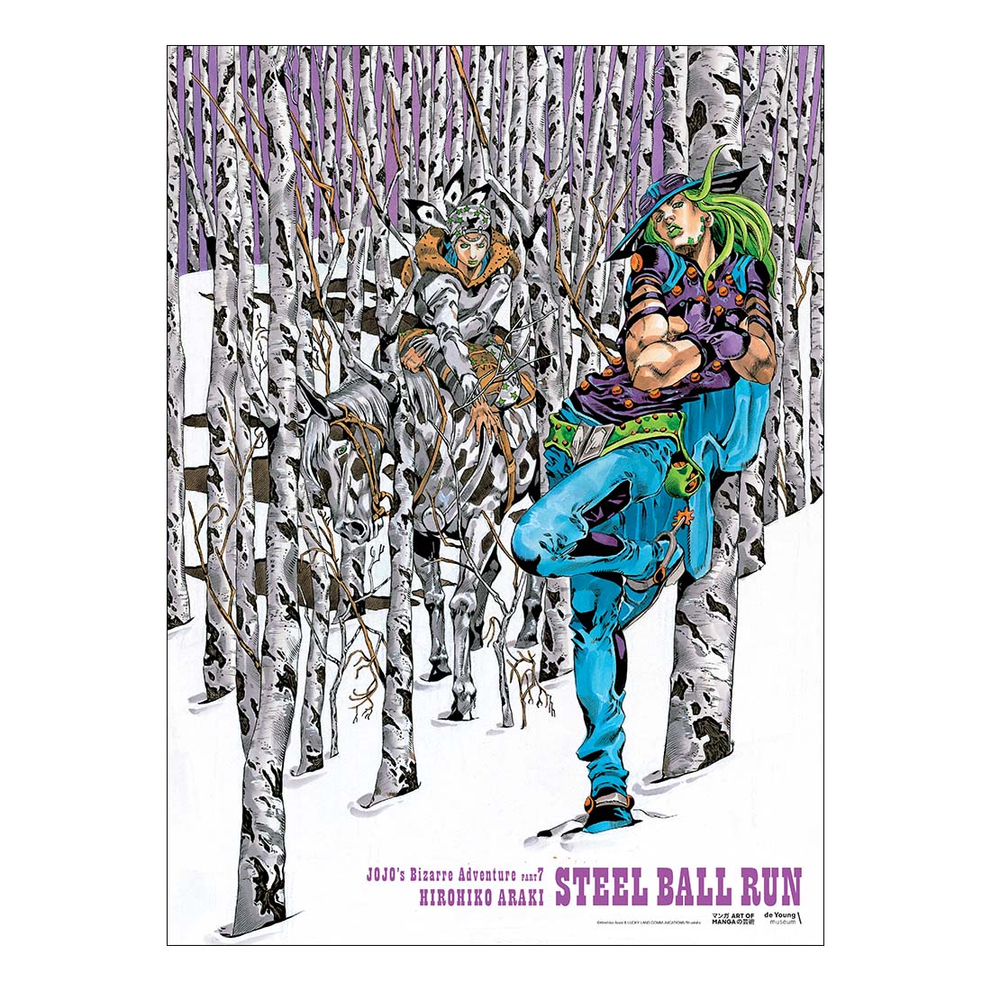 Animated character in a forest with stylized trees, featuring the title 'Steel Ball Run'.