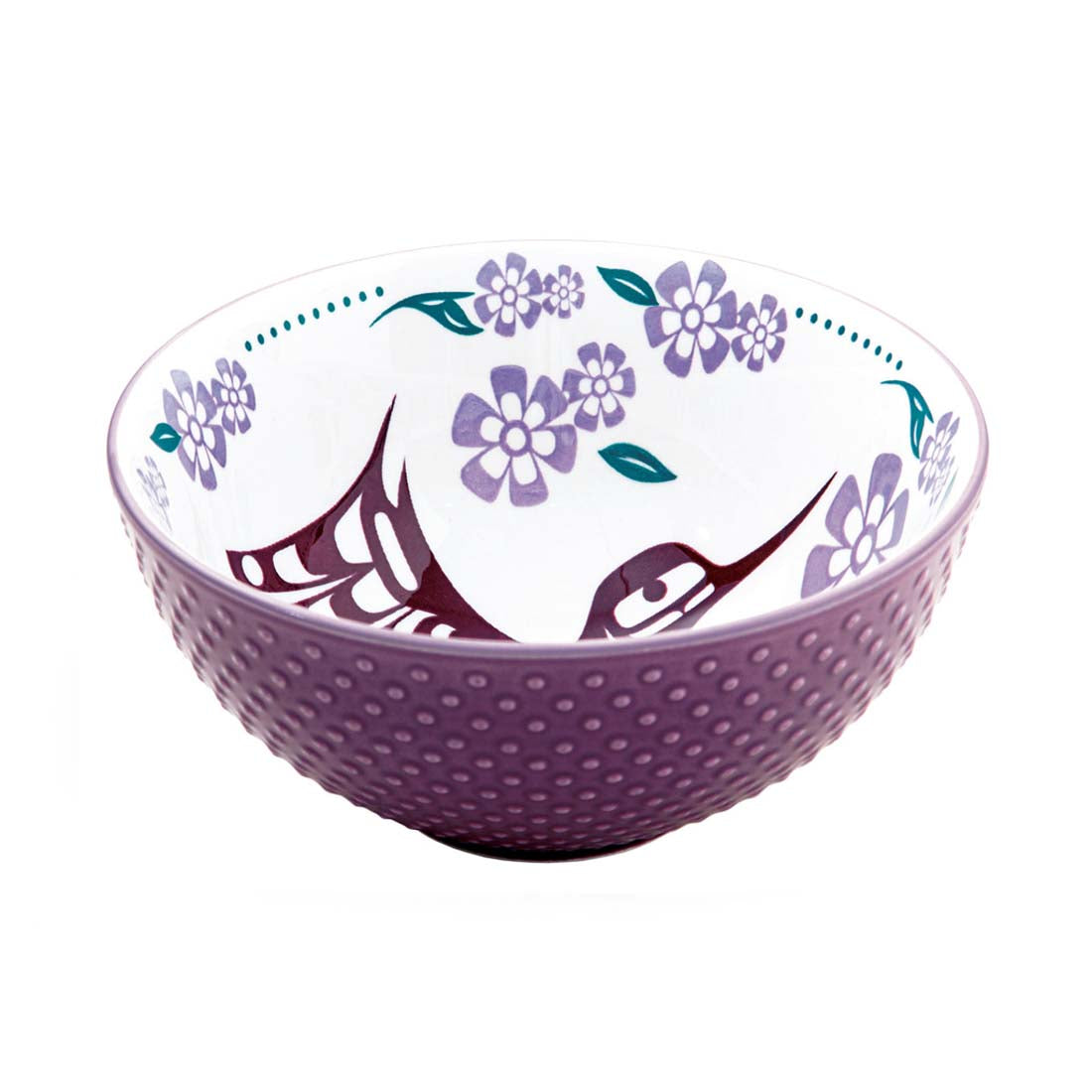A purple porcelain bowl with a white interior featuring a floral and hummingbird pattern, designed by Francis Dick.
